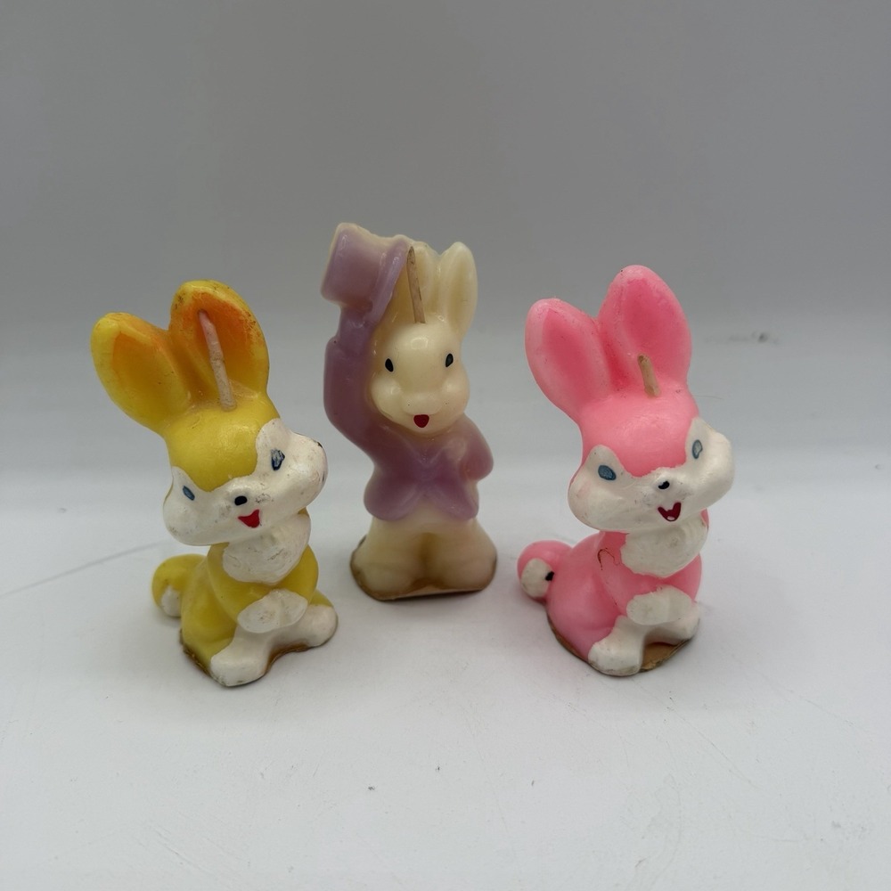 Set of 3 Vintage Gurley‎ Easter Bunny Candles Yellow Pink Purple 3.25" Unburned